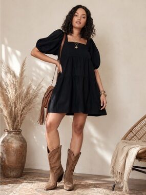 Shine Star Black Puff Sleeve Babydoll Mini Dress | Square Neck Boho Cottagecore
